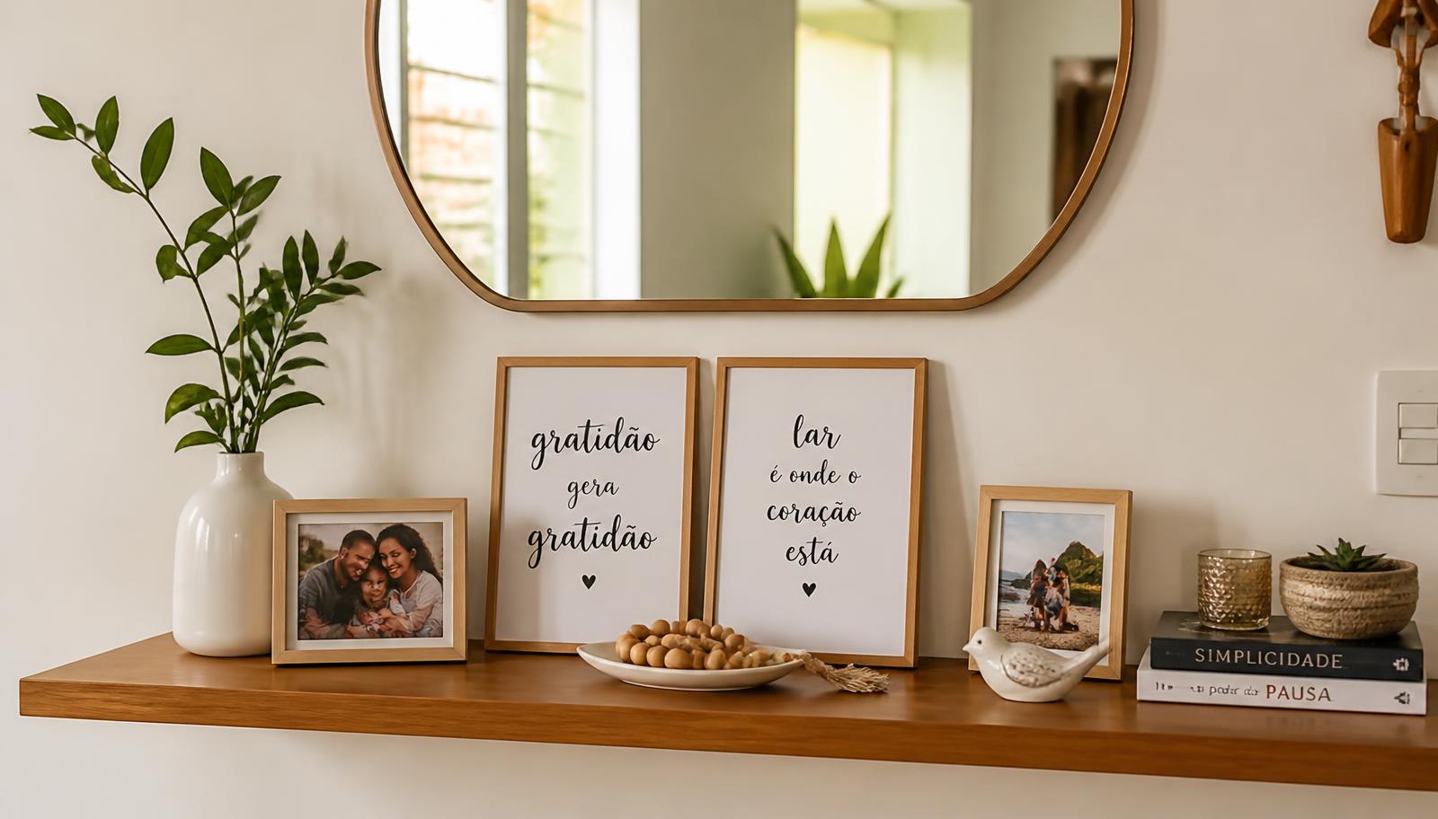 Aparador decorado com quadros com frases, porta-retratos de família, vaso branco com planta e espelho redondo na parede