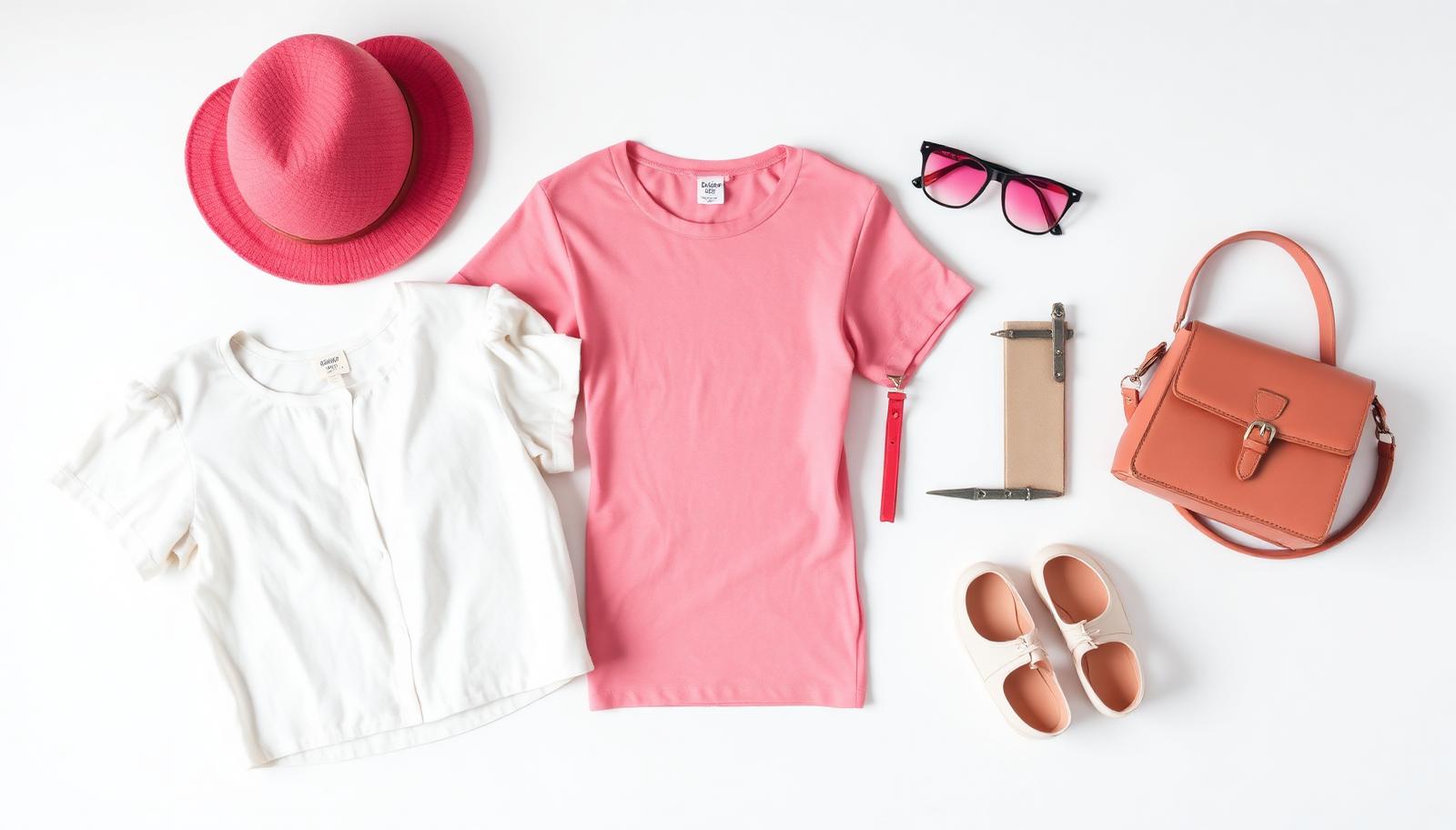 Flat lay com camisetas, óculos, bolsa, chapéu, boné, lenço e sapatos dispostos sobre fundo claro