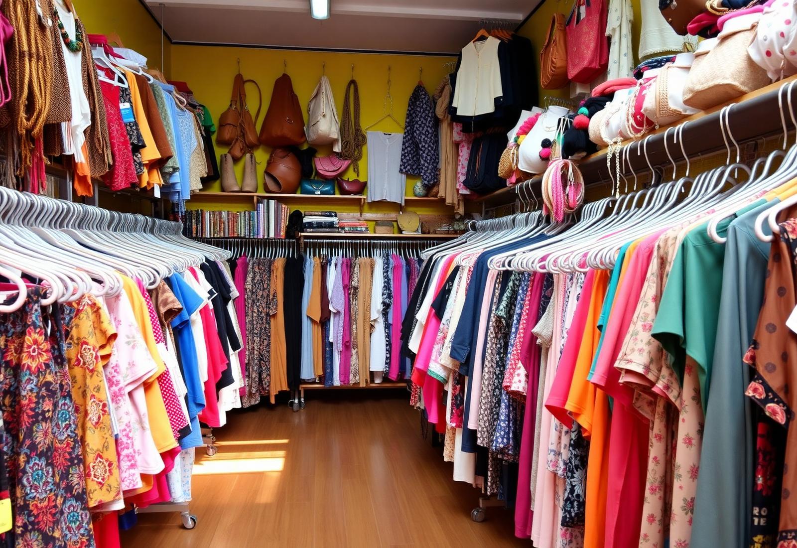 Seção de moda feminina com roupas e acessórios